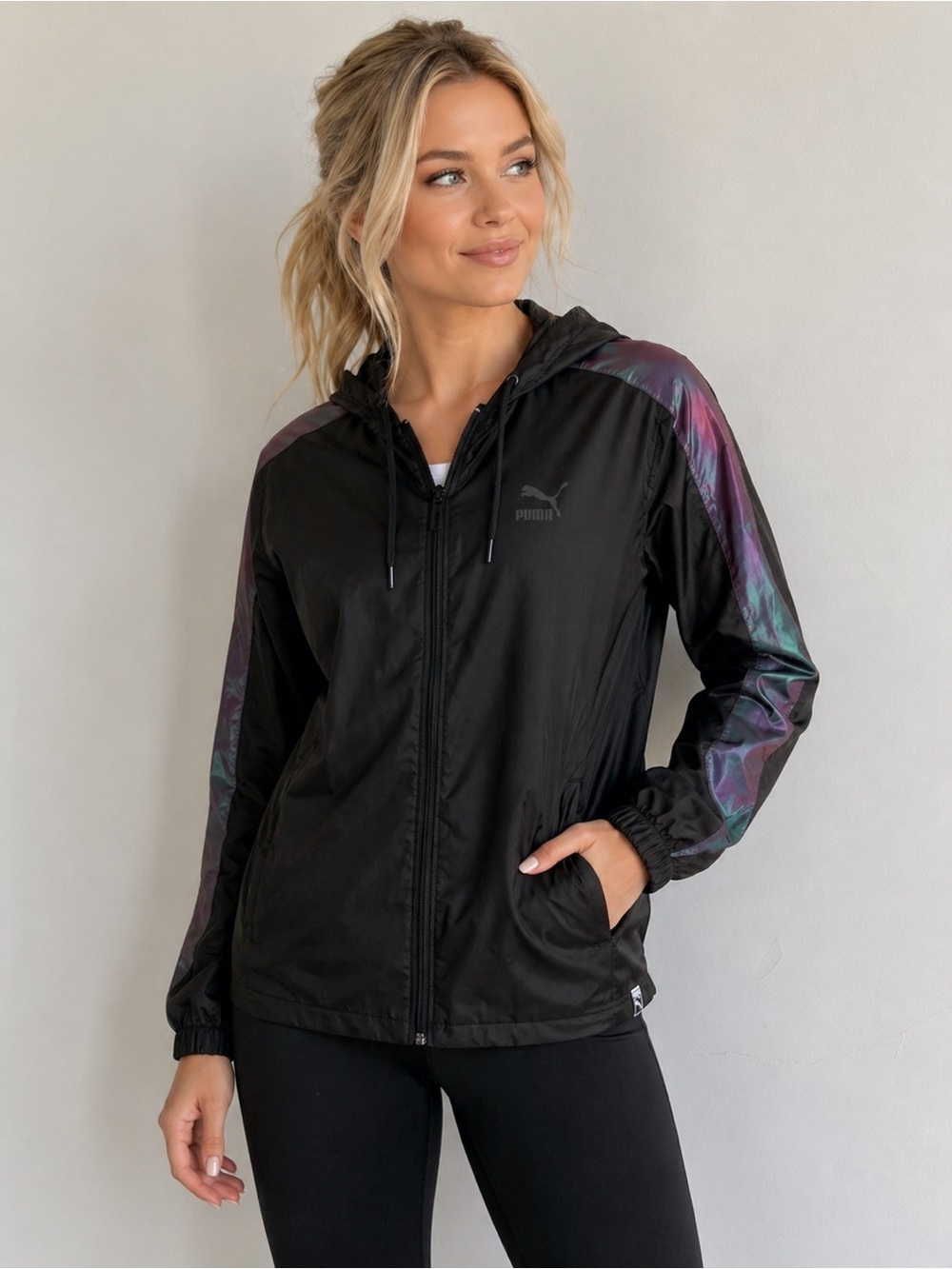 Puma T7 Iridescent Windbreaker Jacket Hooded Full Zip Black Womens M
